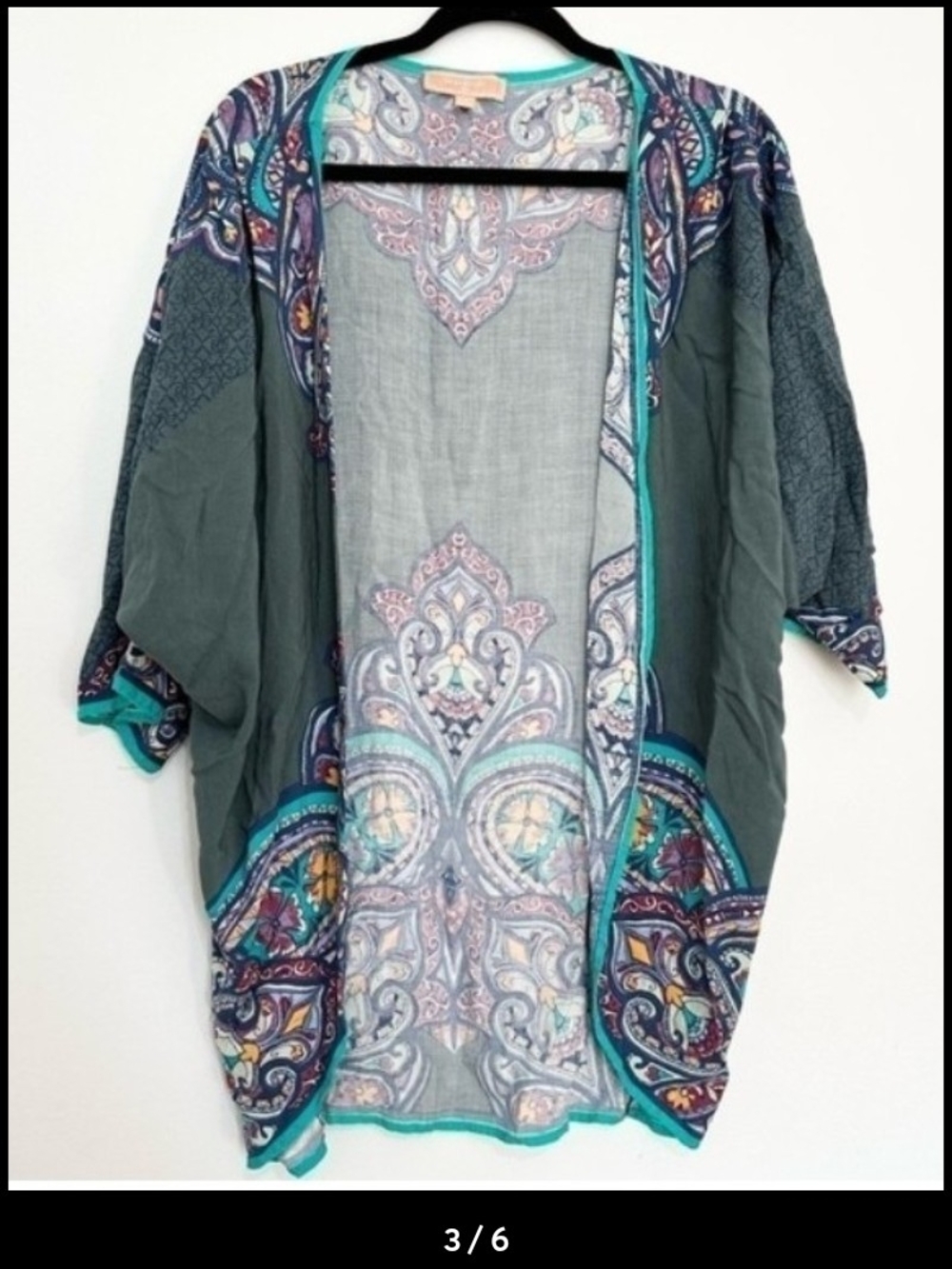 Open-Front Paisley Kimono Tunic in Teal & Gray